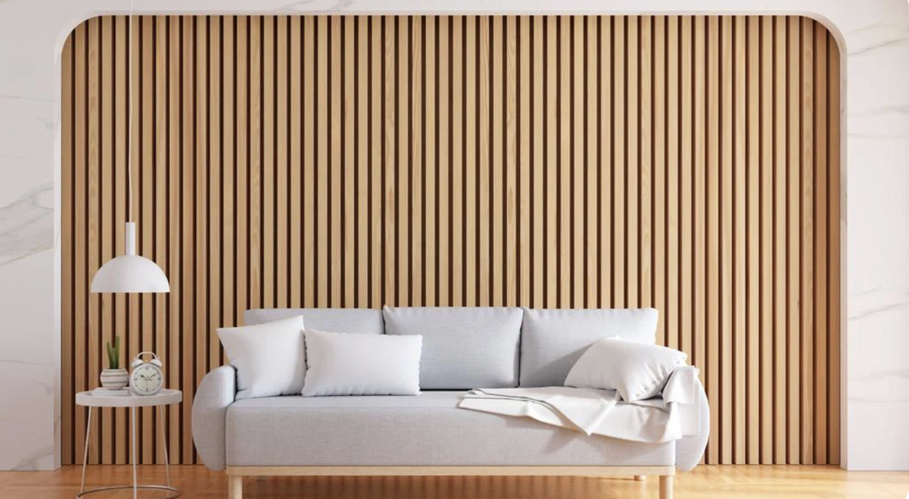 Beautiful living room with wood flex panel
